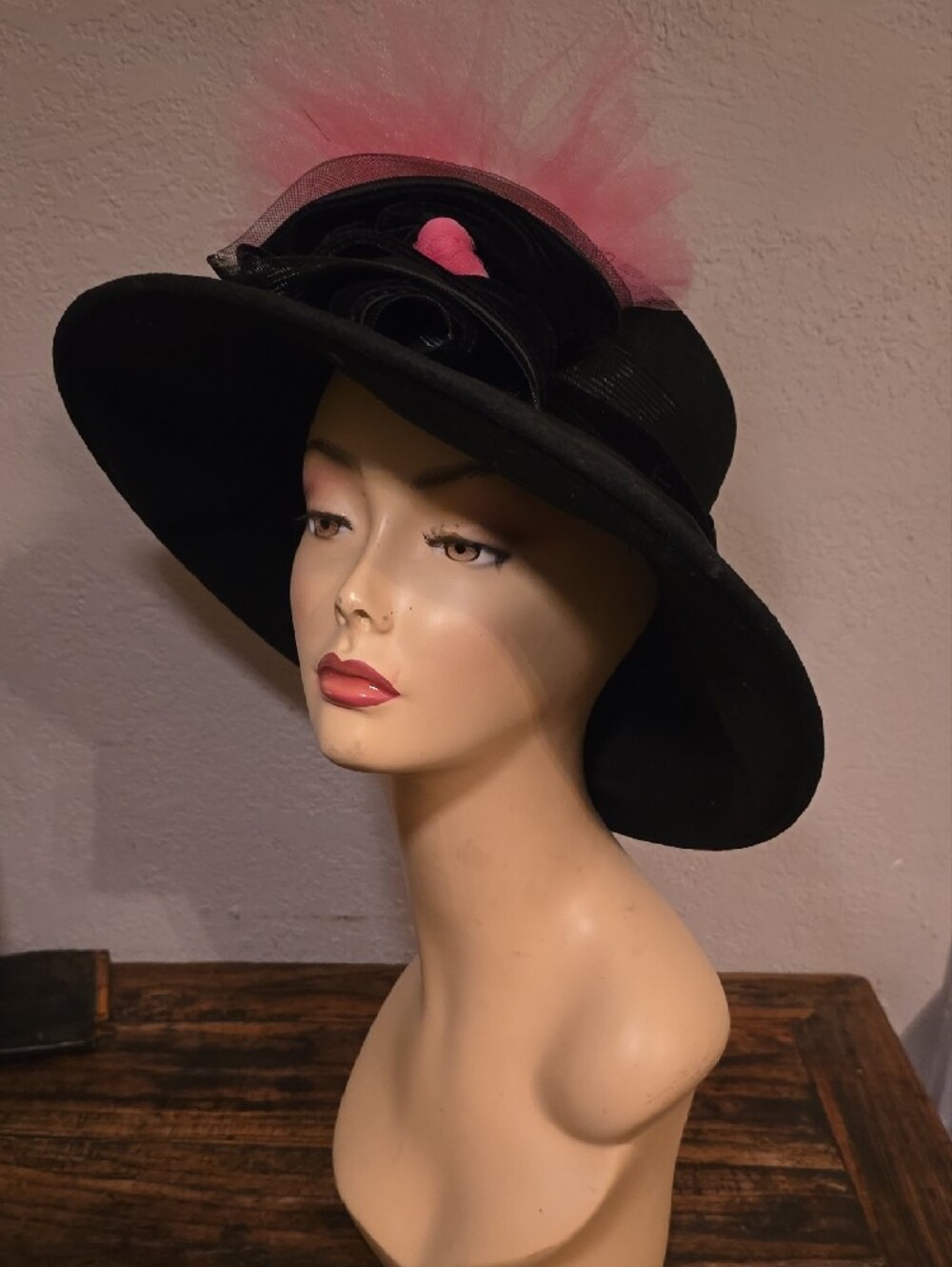 Lord & Taylor Black Wide-Brim Hat with Ribbon Band